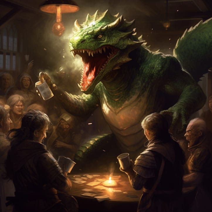 dnd dragon talking at table
