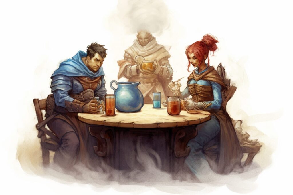 dnd party drinking drinks at a table