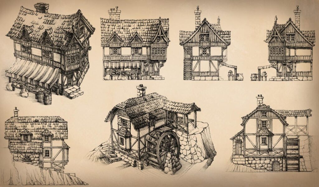 sketches of quaint little homes, like dnd village