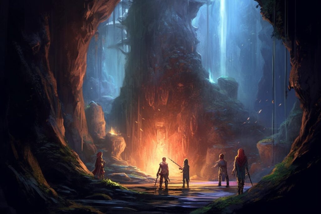 dnd adventurers in a cave