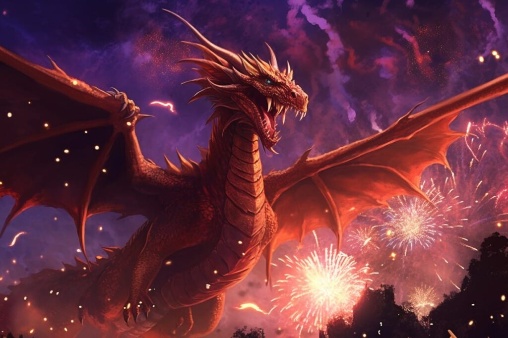 dnd red dragon in front of fireworks