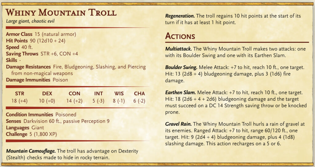 whiny mountain troll stat block